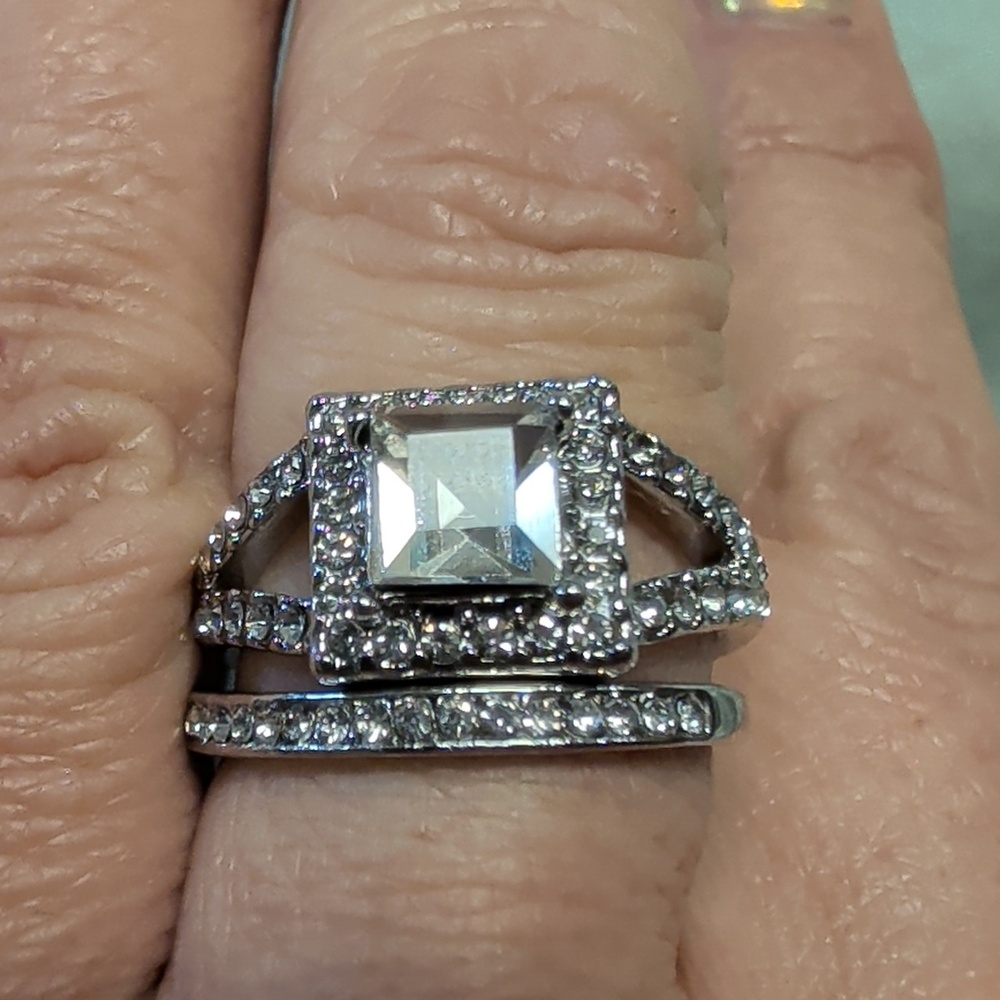 Set Of Two Silver CZ Princess Cut Channel Set Diamond Simulant Rings